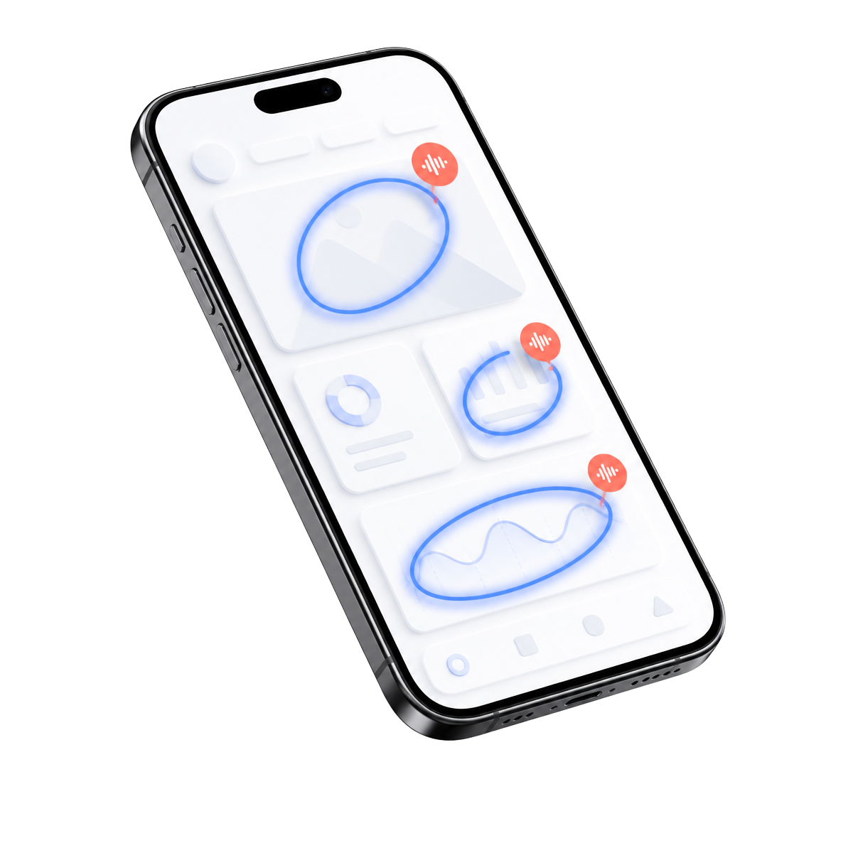 Smartphone showing a screen annotated with blue circles and coral voice pins